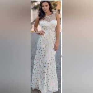 Adrianna Papell Beaded Knot Front Foil Dot Chiffon Dress, Ivory